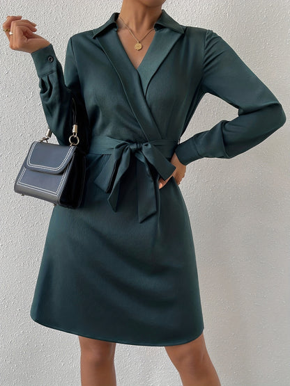 gbolsos  Solid Surplice Neck Dress, Elegant Long Sleeve Simple Dress, Women's Clothing