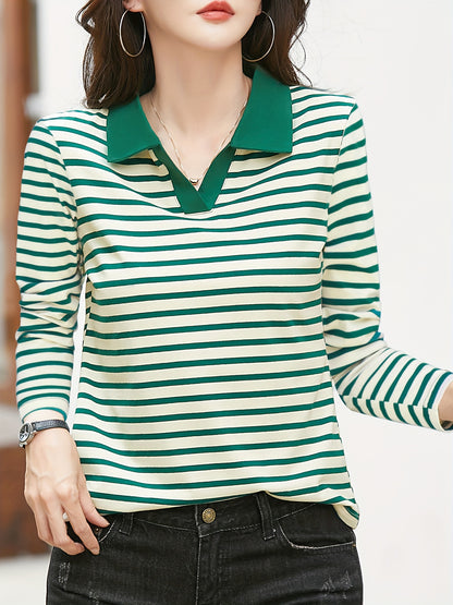 gbolsos Striped Polo Neck T-shirt, Casual Long Sleeve Contrast Trim Top, Women's Clothing