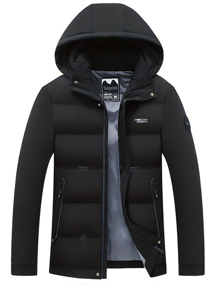 gbolsos  Men's Classic Design Padded Hooded Jacket, Men Casual Padded Coat Windbreaker Zipper Pocket Stand Collar For Men Winter