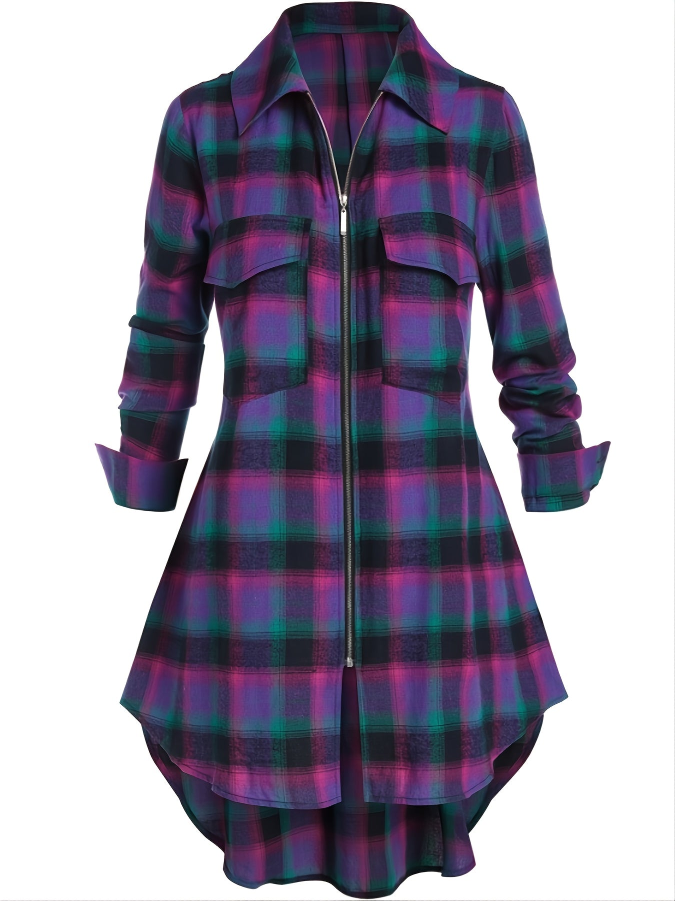 gbolsos  Plus Size Zip Up Plaid Pattern Long Sleeve Longline Shirt, Women's Plus Lapel Collar Casual Longline Blouse