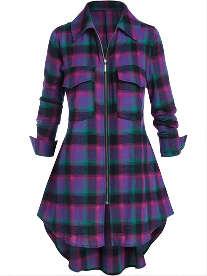 gbolsos  Plus Size Zip Up Plaid Pattern Long Sleeve Longline Shirt, Women's Plus Lapel Collar Casual Longline Blouse
