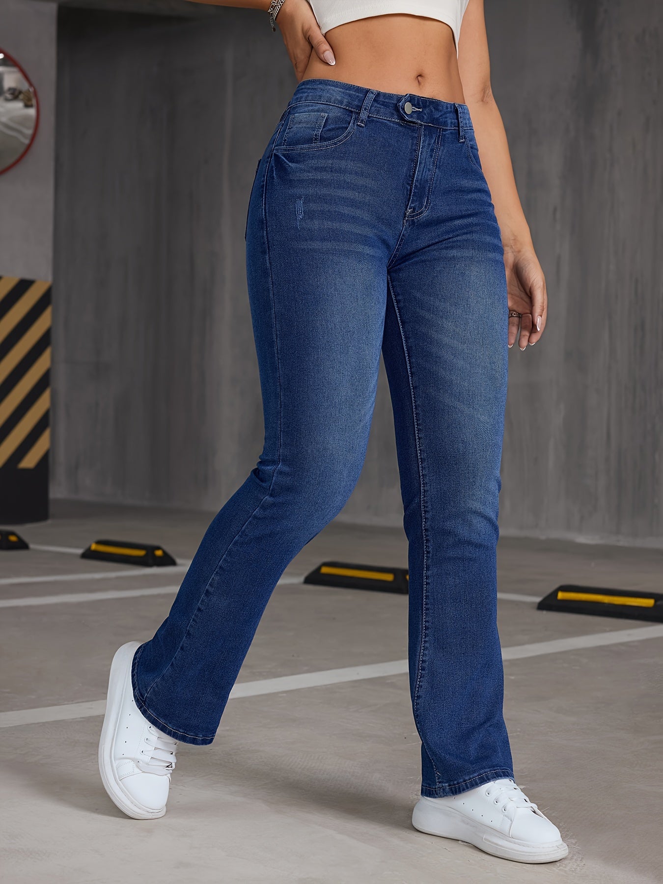 gbolsos Asymmetric Button Slant Pocket Bootcut Jeans, Stretchy Washed Blue Whiskering Flare Denim Pants, Women's Denim Jeans & Clothing