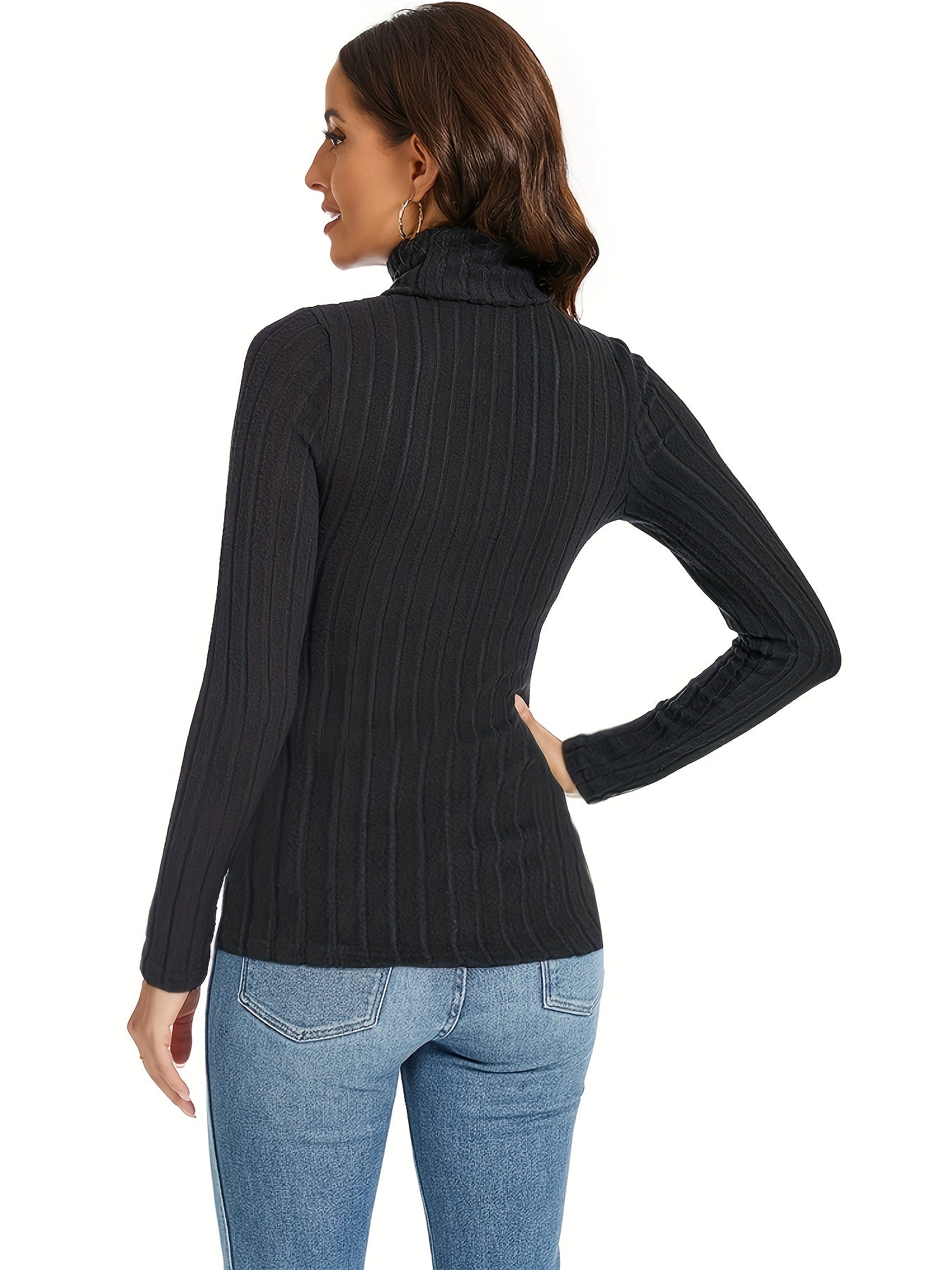 gbolsos  Ribbed Knit Turtleneck Skinny Top, Versatile Long Sleeve T-shirt For Spring & Fall, Women's Clothing