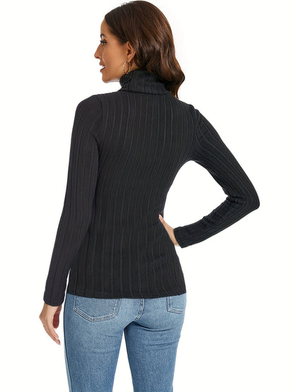 gbolsos  Ribbed Knit Turtleneck Skinny Top, Versatile Long Sleeve T-shirt For Spring & Fall, Women's Clothing