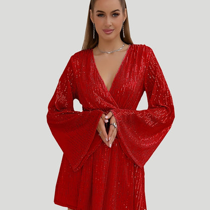 Homecoming Sequined Flare Sleeve V-neck Dress, Elegant Midi Dress For Club & Party, Women's Clothing