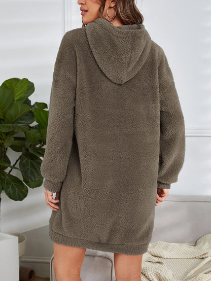 Hooded Teddy Dress, Casual Long Sleeve Simple Warm Dress, Women's Clothing