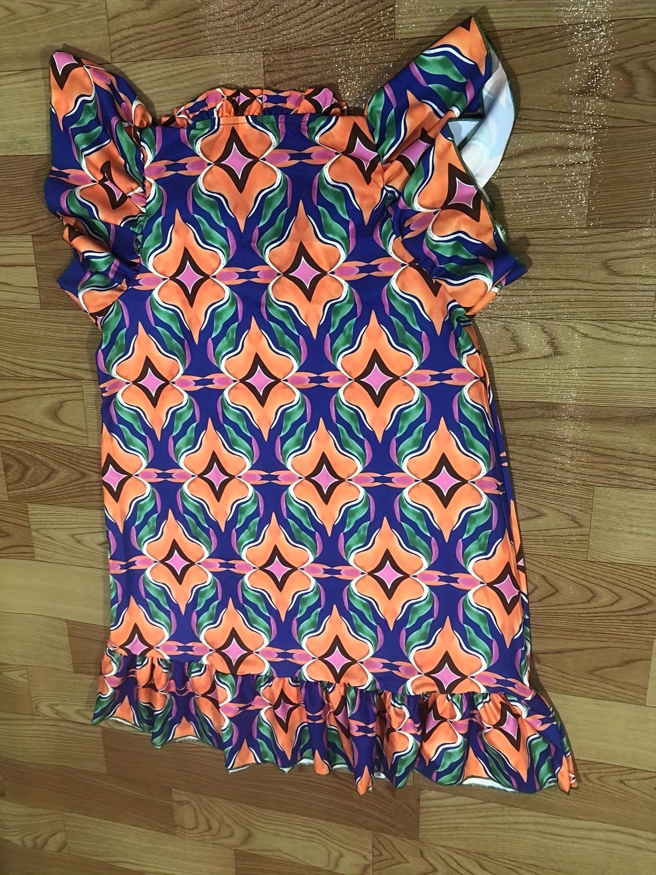 Graphic Print Ruffle Trim Dress, Casual V Neck Drawstring Dress, Women's Clothing