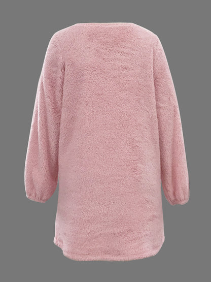 Fuzzy Solid Midi Dress, Casual Crew Neck Long Sleeve Dress, Women's Clothing