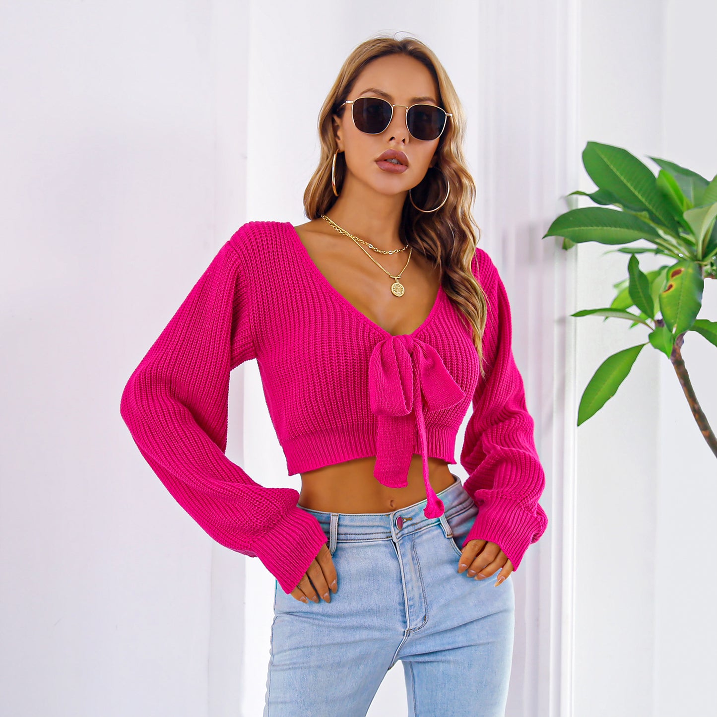 gbolsos  Sexy Bowknot V Neck Crop Sweater, Casual Lantern Long Sleeve Loose Fall Winter Knit Sweater, Women's Clothing