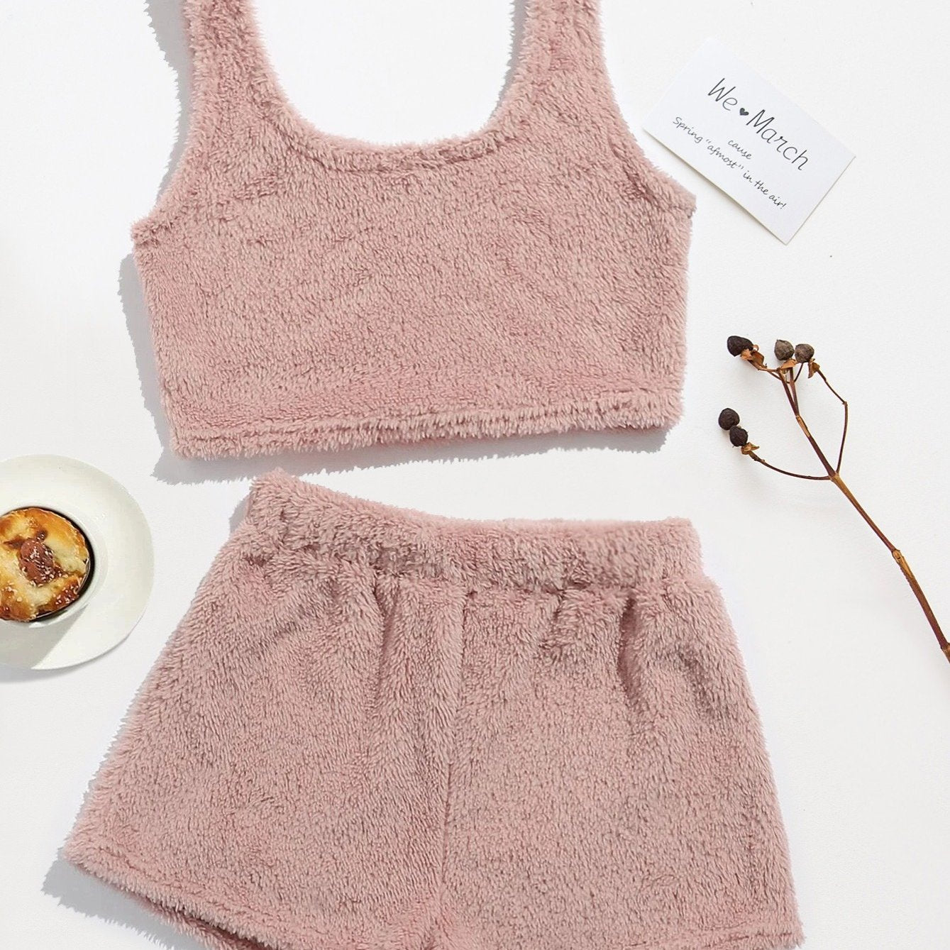 Fluffy Comfortable Pajamas Set, Crop Tank Sleeveless Top & Comfortable Shorts Loungewear Set For Valentine's Gifts, Women's Loungewear & Sleepwear