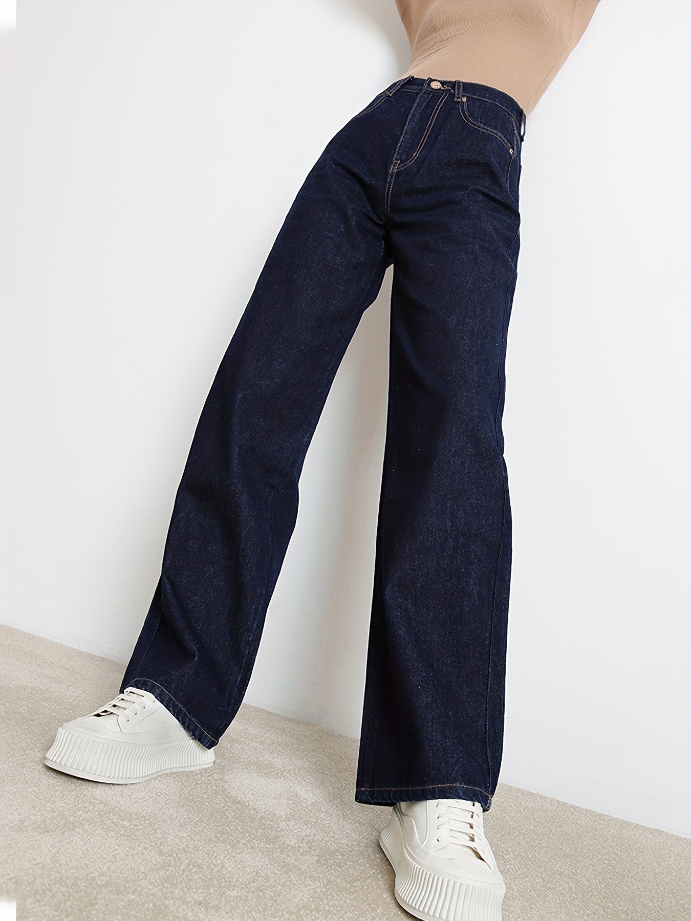 gbolsos  Mid Rise Baggy Loose Fit Straight Lets Long Plicated Hem Solid Color Y2k Trousers Boyfriend Jeans, Women's Denim Jeans, Women's Clothing