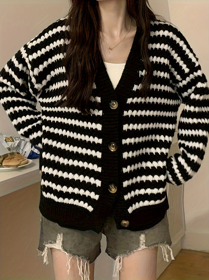 gbolsos  Striped Button Down Knit Cardigan, Casual Long Sleeve Drop Shoulder Slouchy Sweater, Women's Clothing