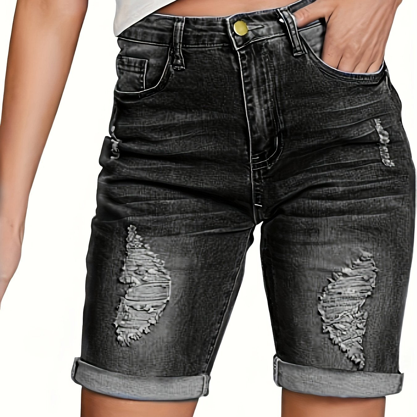2025 gbolsos  Slim Fit Rolled Hem Bermuda Denim Shorts, Slash Pockets Ripped Mid Waist Denim Jorts, Women's Denim Jeans & Clothing