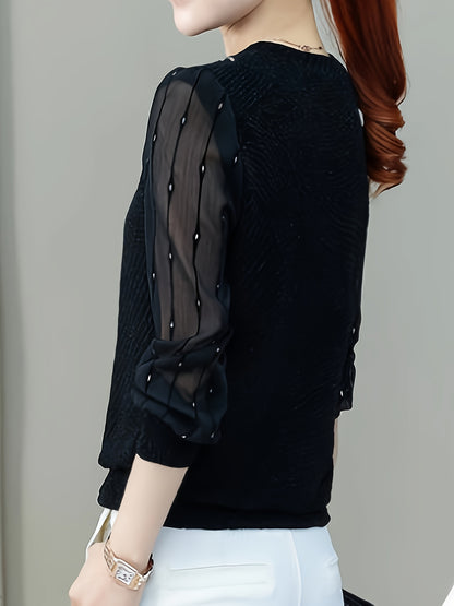 gbolsos Mesh Panel Illusion Neckline T-Shirt, Casual Long Sleeve Crew Neck T-Shirt, Women's Clothing
