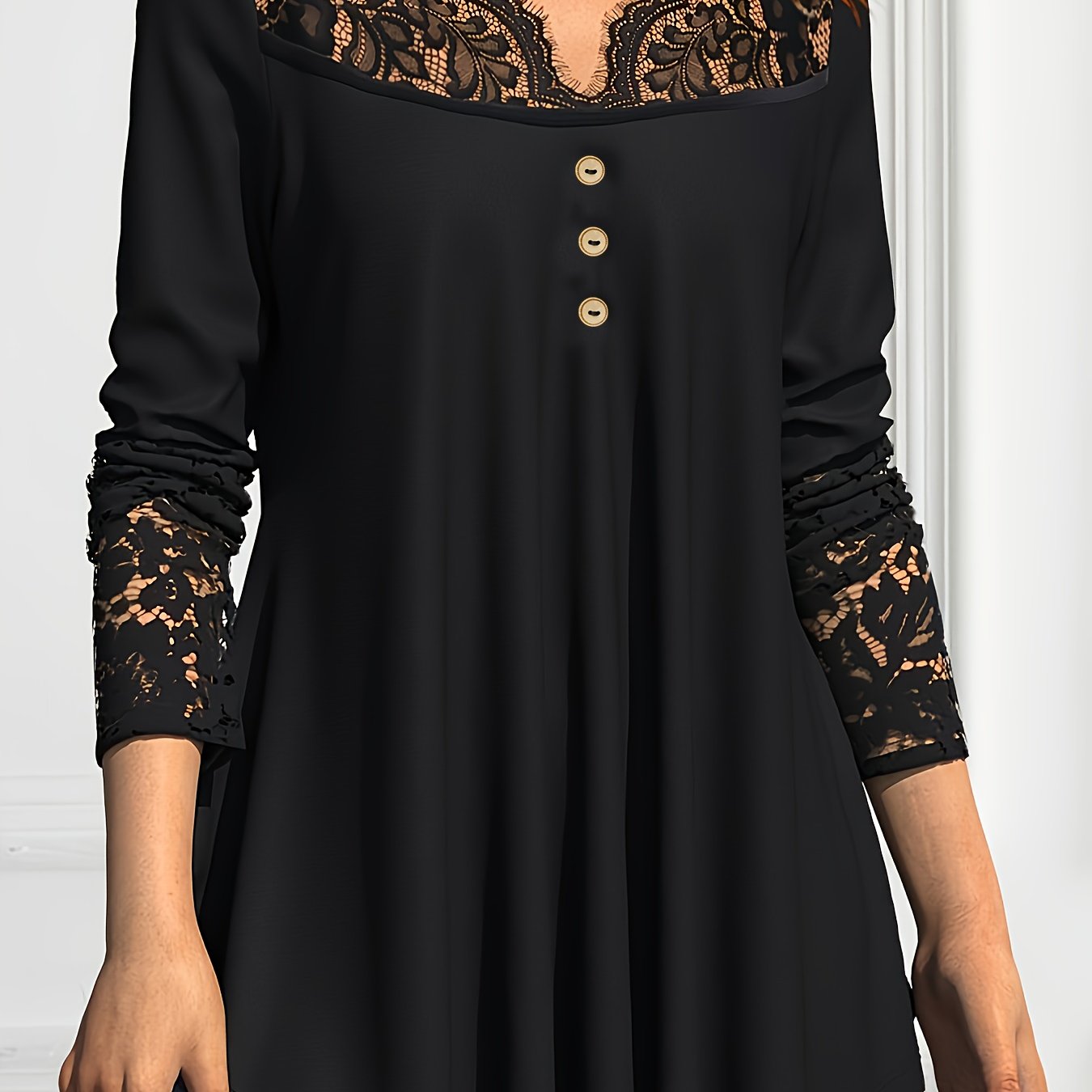 gbolsos  Contrast Lace Button Front Top, Elegant Long Sleeve Top For Spring & Fall, Women's Clothing