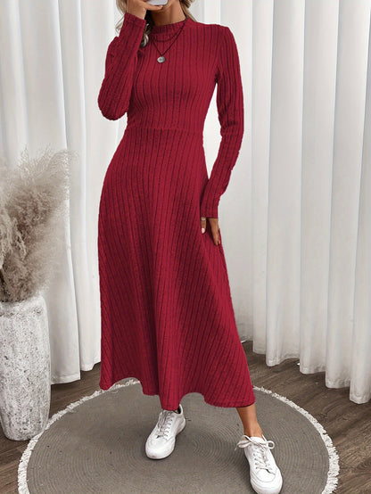 gbolsos  Solid Rib-knit Ruffle Sweater Dress, Long Sleeve Mock Neck Elegant Maxi Dress, Women's Clothing