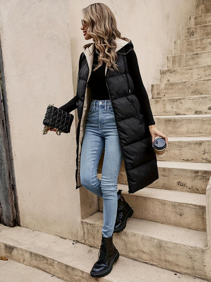 Hooded Sleeveless Coat, Casual Zipper Long Length Winter Outerwear, Women's Clothing