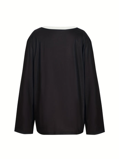 Plus Size Casual Top, Women's Plus Colorblock Cute Cat Print Long Sleeve Round Neck Top