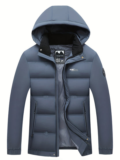 gbolsos  Men's Classic Design Padded Hooded Jacket, Men Casual Padded Coat Windbreaker Zipper Pocket Stand Collar For Men Winter