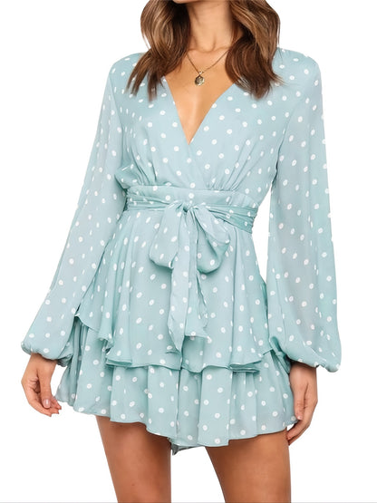elveswallet  Ladies Polka-dot V-neck Jumpsuits, Long Sleeve Ruffle Hem Romper Playsuit, Casual Every Day Romper, Women's Clothing
