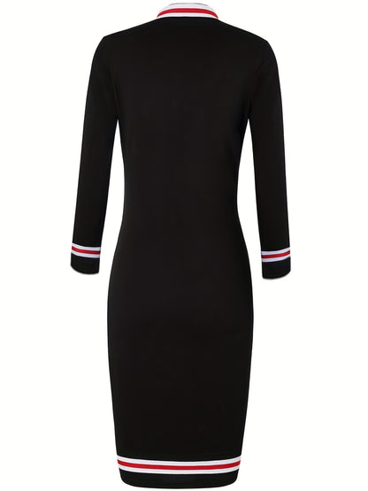 gbolsos  Zip Up Striped Print Dress, Casual Long Sleeve Bodycon Midi Dress, Women's Clothing