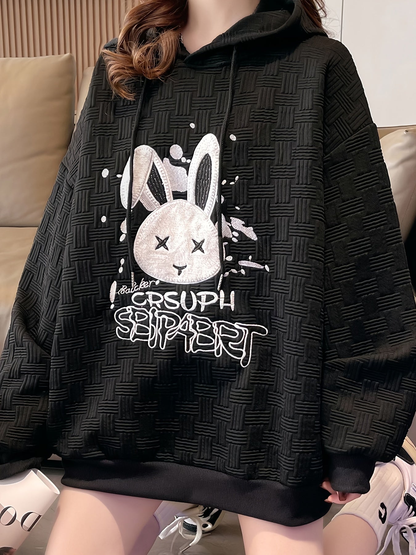 gbolsos  Bunny Embroidered Hoodie, Loose Long Sleeve Drawstring Hoodies Sweatshirt, Women's Clothing