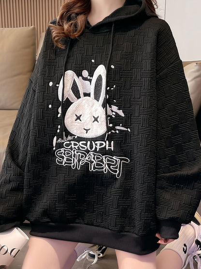 gbolsos  Bunny Embroidered Hoodie, Loose Long Sleeve Drawstring Hoodies Sweatshirt, Women's Clothing
