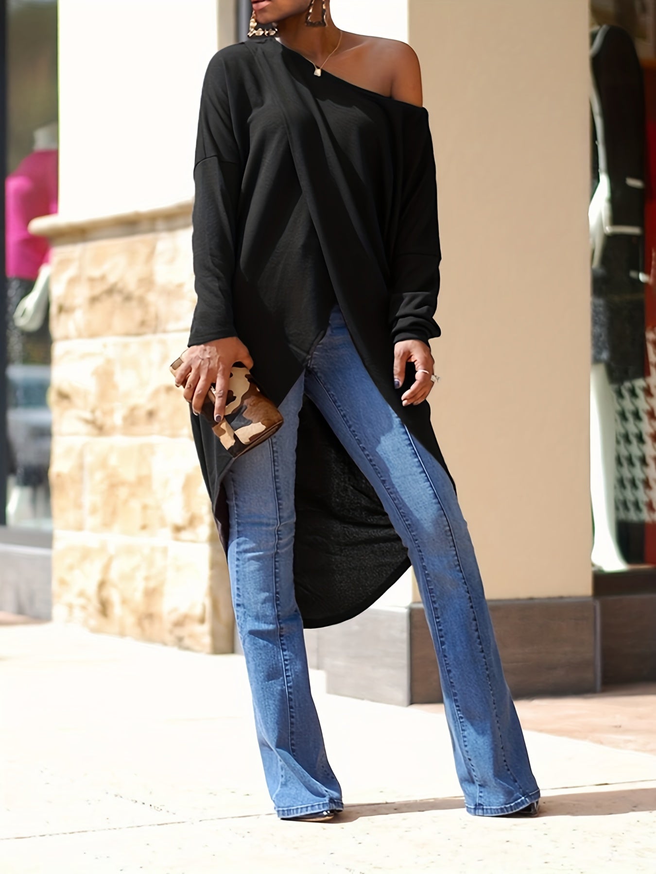 gbolsos  Irregular Slanted Round Neck T-shirt, Casual Loose Dipped Hem Long Sleeve Summer T-Shirts Tops, Women's Clothing