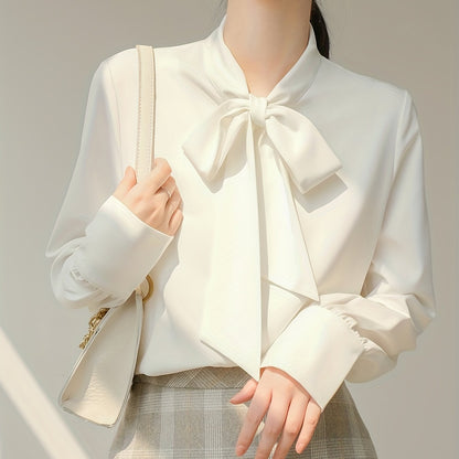Tie Neck Solid Blouse, Casual Long Sleeve Work Office Blouse, Women's Clothing