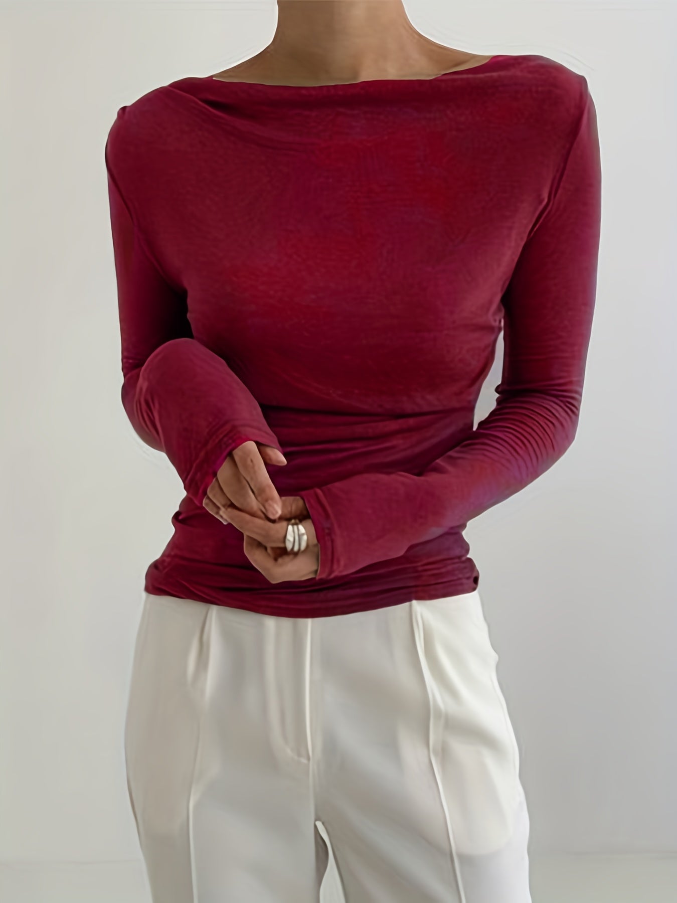 gbolsos  Solid Boat Neck T-Shirt, Casual Long Sleeve Top For Spring & Fall, Women's Clothing
