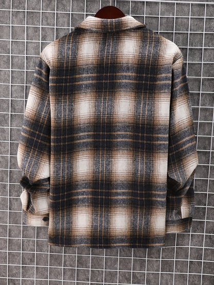 gbolsos  Men's Plaid Retro Jacket, Casual Lapel Chest Pocket Shirt Jacket For Fall Winter