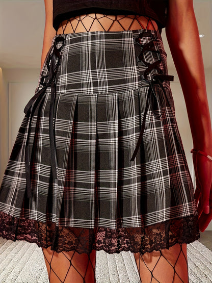 gbolsos  Contrast Lace High Waist Skirt, Casual Pleated Lace Up Skirt, Women's Clothing