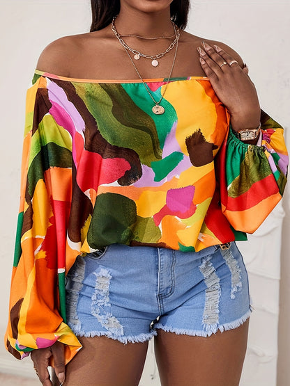 gbolsos  Colorful Print Off Shoulder Top, Casual Long Lantern Sleeve T-Shirt For Spring & Fall, Women's Clothing