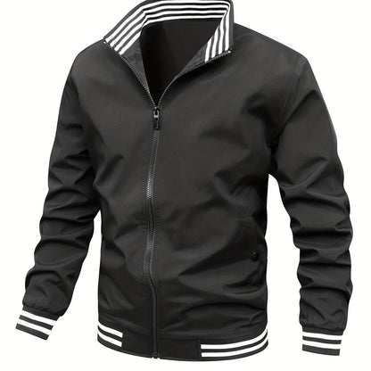 gbolsos  Classic Design Bottom Striped Jacket, Men's Casual Zip Up Stand Collar Jacket For Spring Fall