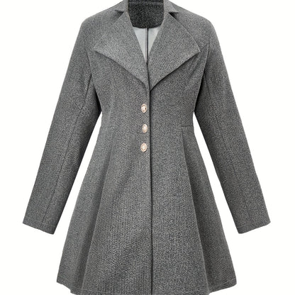 Plus Size Casual Coat, Women's Plus Solid Long Sleeve Button Up Lapel Collar Nipped Waist Tunic Woolen Coat