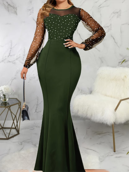 gbolsos  Solid Sheer Sleeve Dress, Elegant Crew Neck Mermaid Bodycon Maxi Party Dress, Women's Clothing