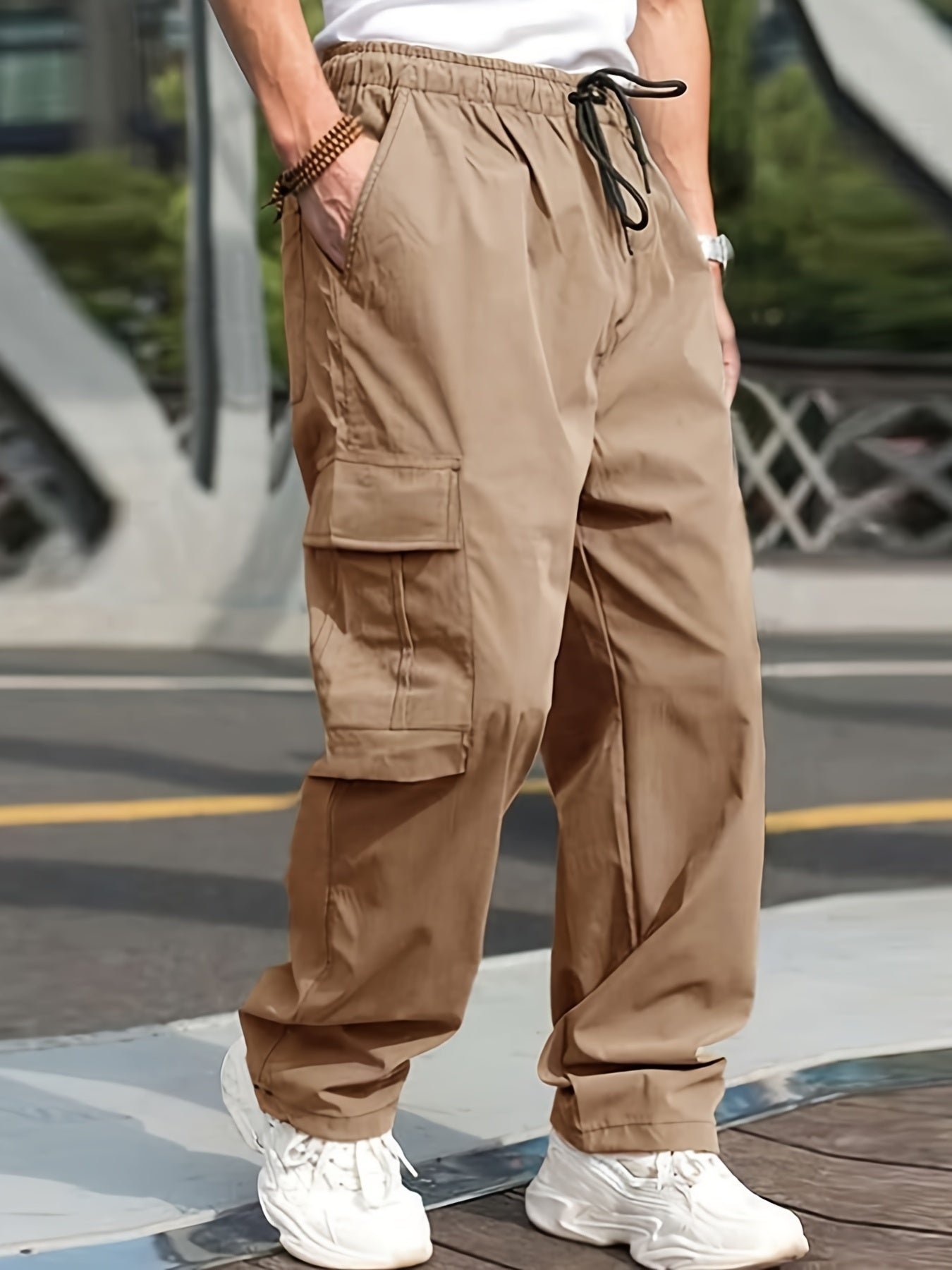 gbolsos  Trendy Solid Cargo Pants, Men's Multi Flap Pocket Trousers, Loose Casual Outdoor Baggy Pants, Men's Work Pants Outdoors Streetwear Hip Hop Style