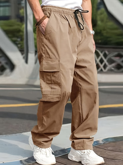 gbolsos  Trendy Solid Cargo Pants, Men's Multi Flap Pocket Trousers, Loose Casual Outdoor Baggy Pants, Men's Work Pants Outdoors Streetwear Hip Hop Style