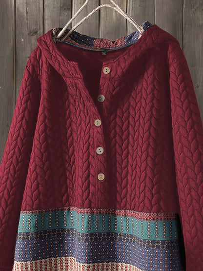 gbolsos  Tribal Print Long Sleeve Hooded Padded Jacket, Casual Button Front Loose Hem Outerwear, Women's Clothing