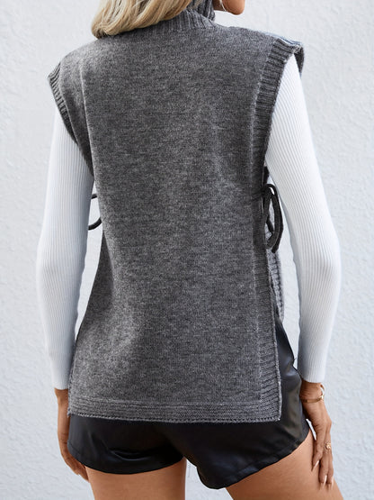 gbolsos  Solid Tie Side Turtleneck Top, Casual Knitted Sleeveless Top For Fall & Winter, Women's Clothing