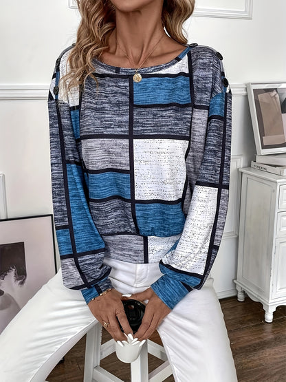 gbolsos  Color Block Crew Neck T-Shirt, Casual Long Sleeve Top For Spring & Fall, Women's Clothing