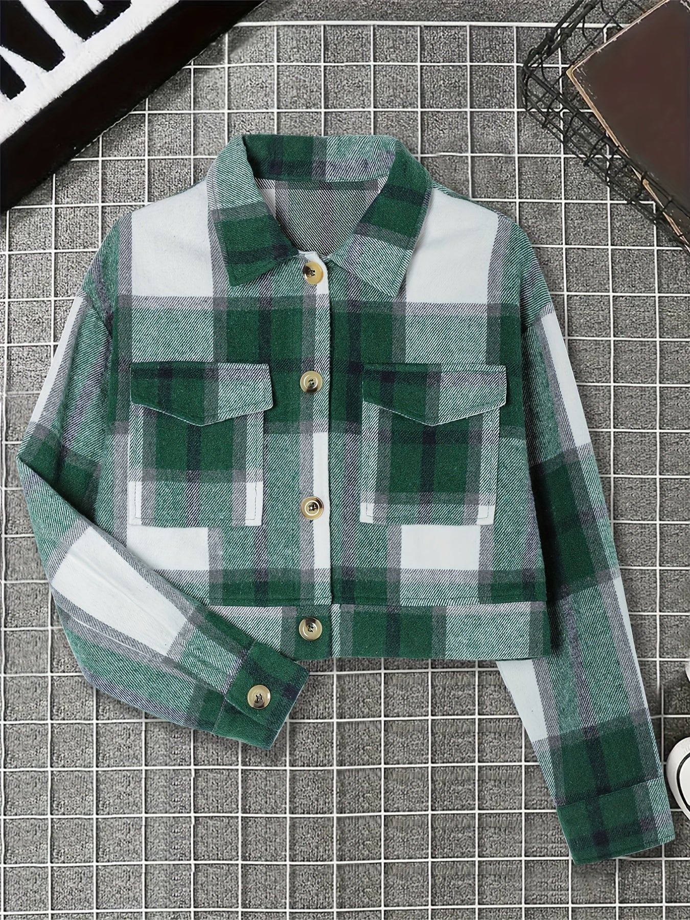 gbolsos  Plaid Print Button Front Jacket, Casual Long Sleeve Outerwear With Pocket, Women's Clothing