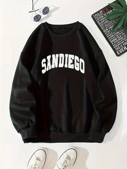 gbolsos  Sandiego Letter Print Sweatshirt, Casual Crew Neck Long Sleeve Sweatshirt, Women's Clothing