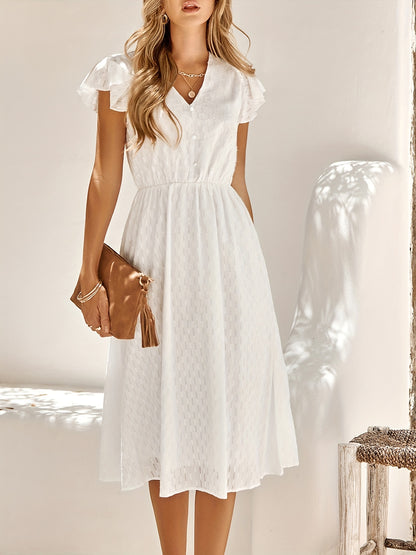 gbolsos  Striped Print Solid Dress, Elegant Ruffle Sleeve V Neck Midi Dress, Women's Clothing