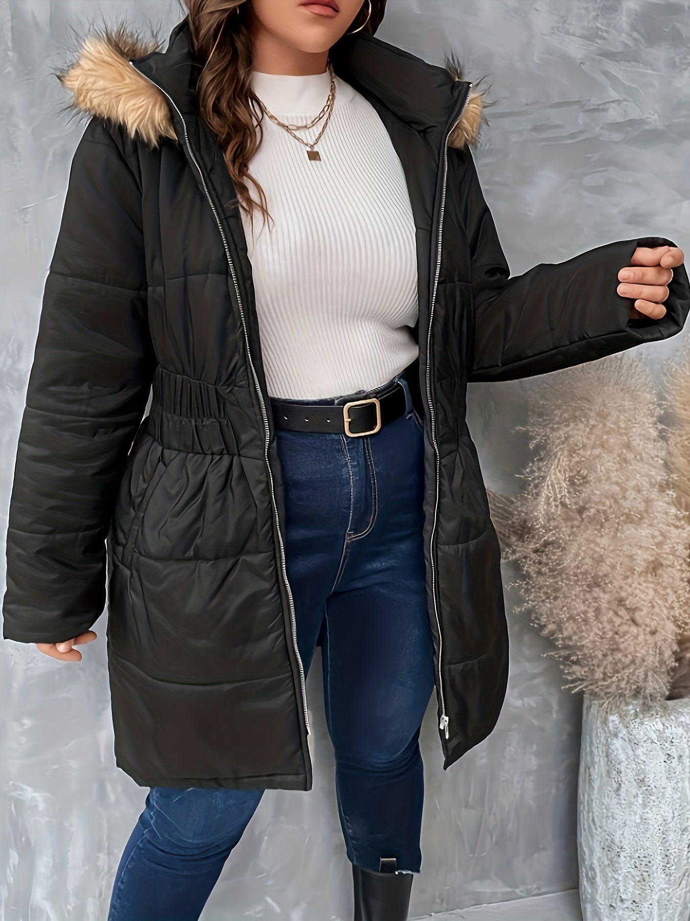 Plus Size Casual Winter Coat, Women's Plus Solid Quilted Fuzzy Trim Hooded Long Sleeve Hooded Nipped Waist Tunic Puffer Coat With Pockets