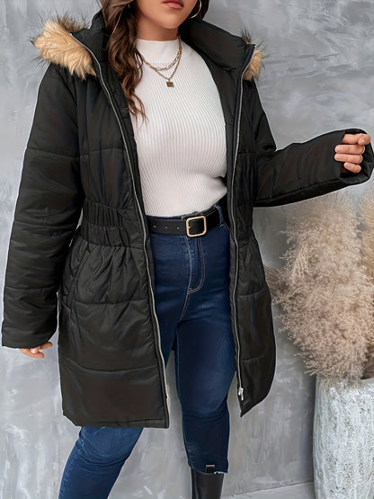 Plus Size Casual Winter Coat, Women's Plus Solid Quilted Fuzzy Trim Hooded Long Sleeve Hooded Nipped Waist Tunic Puffer Coat With Pockets