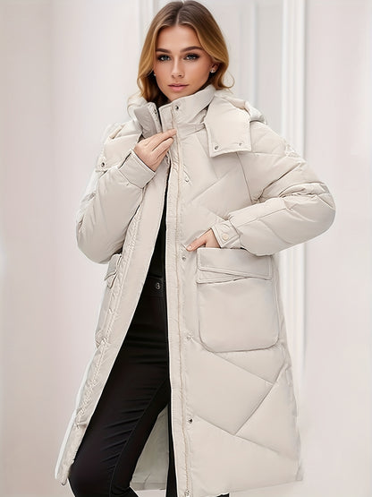 Button Front Warm Hooded Coat, Casual Long Length Winter Outerwear, Women's Clothing