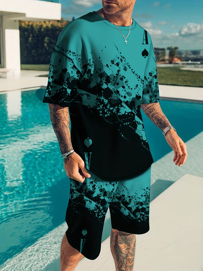 gbolsos   Creative Poker Suits Pattern Print, Men's 2Pcs Outfits, Casual Crew Neck Short Sleeve T-shirt And Drawstring Shorts Set For Summer, Men's Clothing Loungewear Streetwear