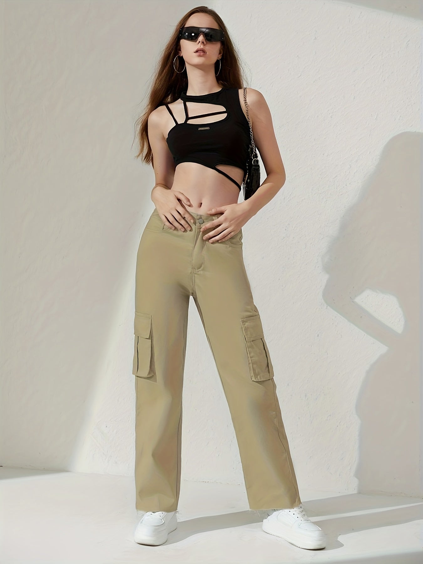 gbolsos  Plain Flap Pockets Cargo Pants, Loose Fit Non-Stretch Y2K & Kpop Style Straight Jeans, Women's Denim Jeans & Clothing
