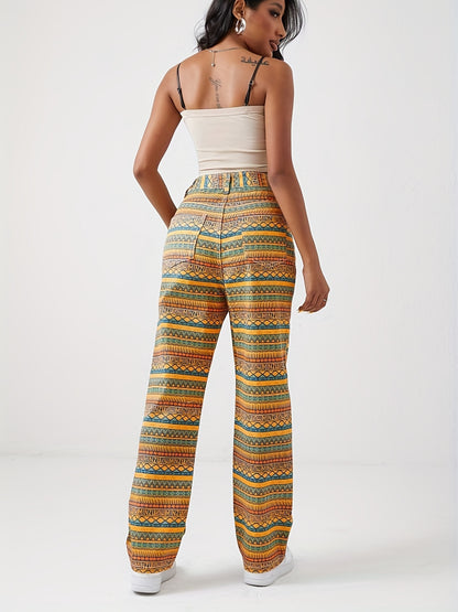 gbolsos Geometric Striped Print Straight Jeans, Loose Fit Non-Stretch Street Style Denim Pants, Women's Denim Jeans & Clothing